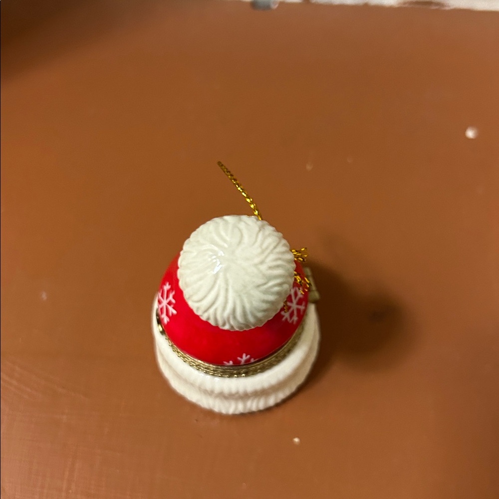 Red & White Santa Hat with Snowflakes Hinged Trinket Box Ornament -Porcelain - Picture 5 of 13